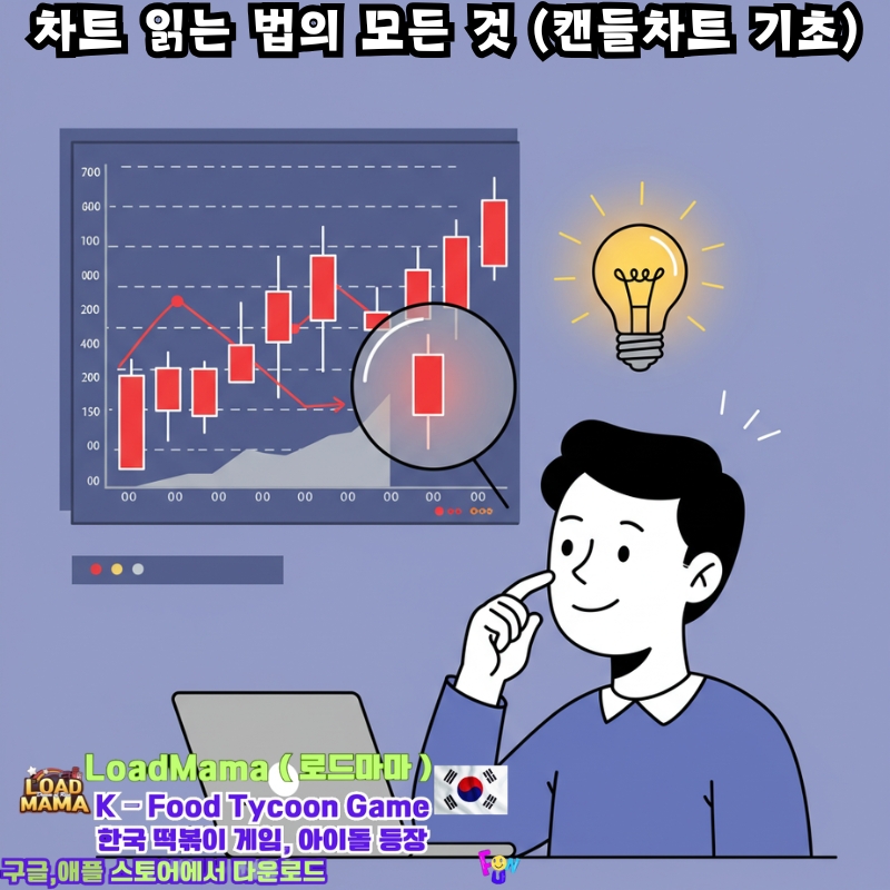 화면에서 복잡한 주식 차트를 보는 사람을 친근하고 미니멀하게 표현한 일러스트입니다