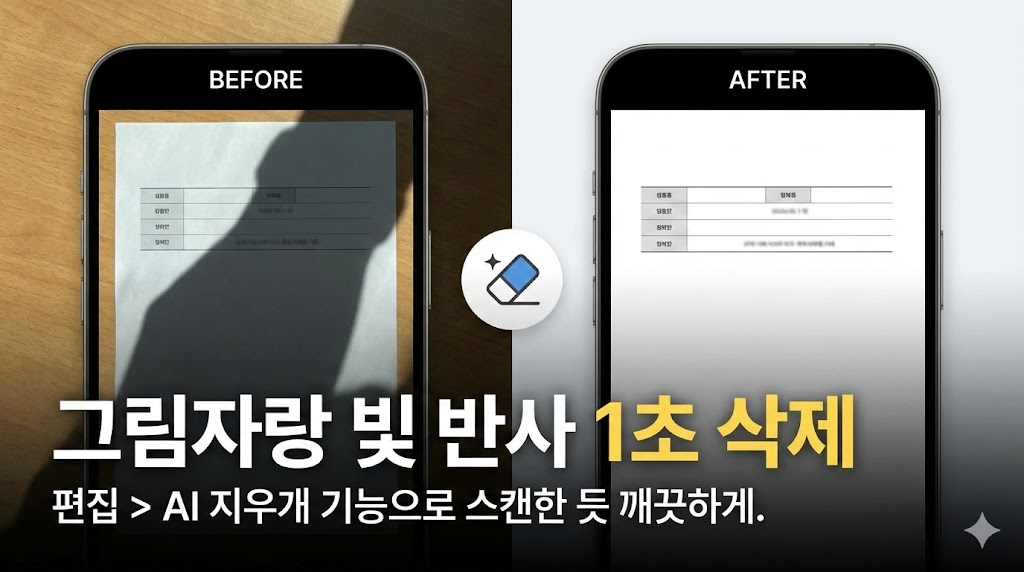 그림자가 진 문서의 Before와 깨끗하게 지워진 After 모습을 분할 화면으로 보여줍니다. "그림자랑 빛 반사 1초 삭제"라는 카피로 AI 지우개 기능의 뛰어난 성능을 강조합니다.