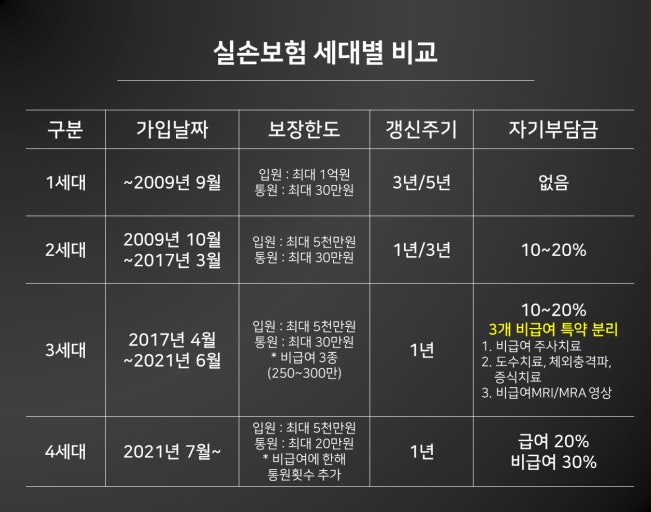 실손보험 가입 세대별 비교표