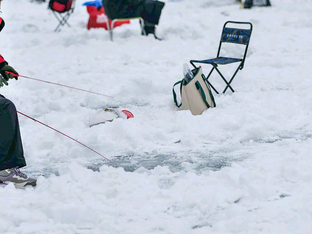 산천어 축제장에서 얼음낚시를 즐기는 사진