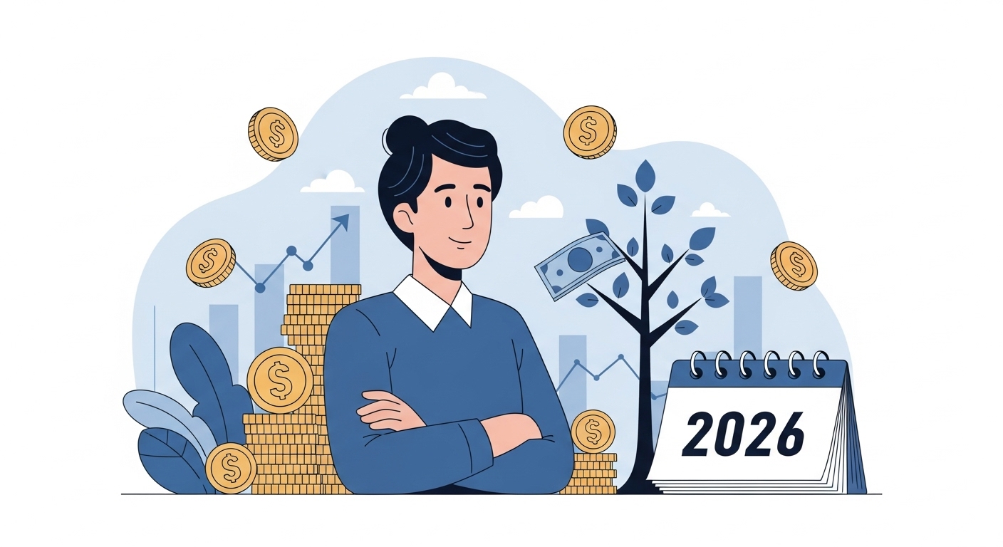 2026년 연금저축 세액공제를 통해 안정적인 노후를 준비하는 모습, 미래를 향한 희망적인 투자 계획을 상징하는 밝고 현대적인 일러스트.