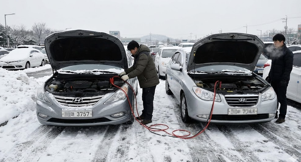 방전된 차를 점프케이블로 충전하는 모습