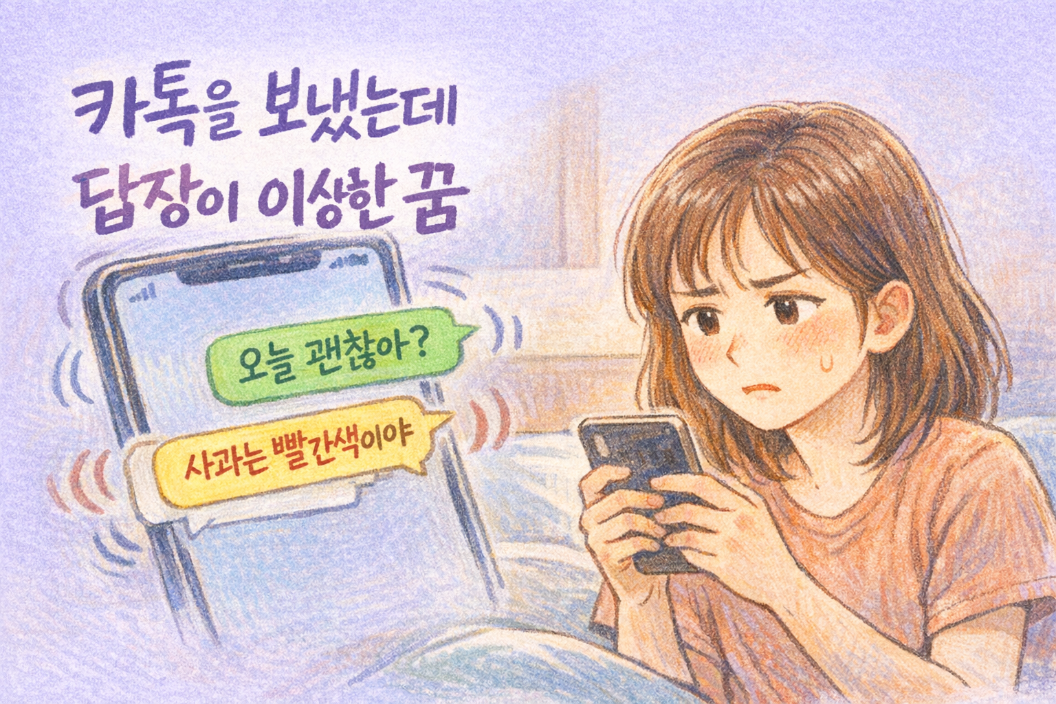 스마트폰에서 떠오른 엉뚱한 메시지를 보며 당황한 성인 여성이 혼란스러운 표정을 짓는 색연필 스타일 일러스트