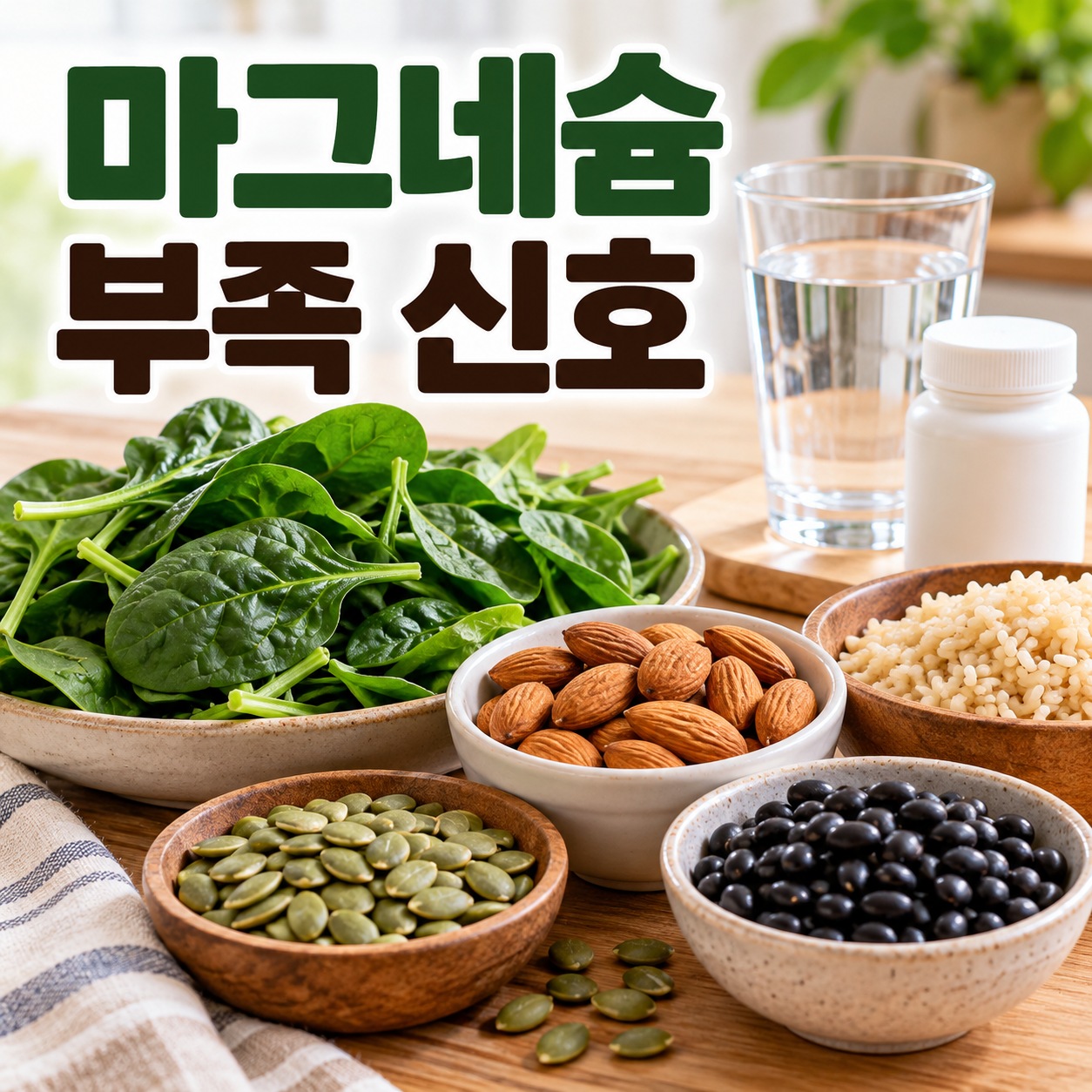 시금치와 아몬드, 호박씨, 검은콩과 마그네슘 보충제가 놓인 식탁