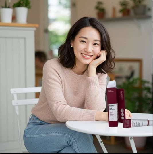 마데카 크림 효능 및 구성성분, 마데카 크림을 앞에 두고 테이블에 앉아 있는 30대 여성 사진