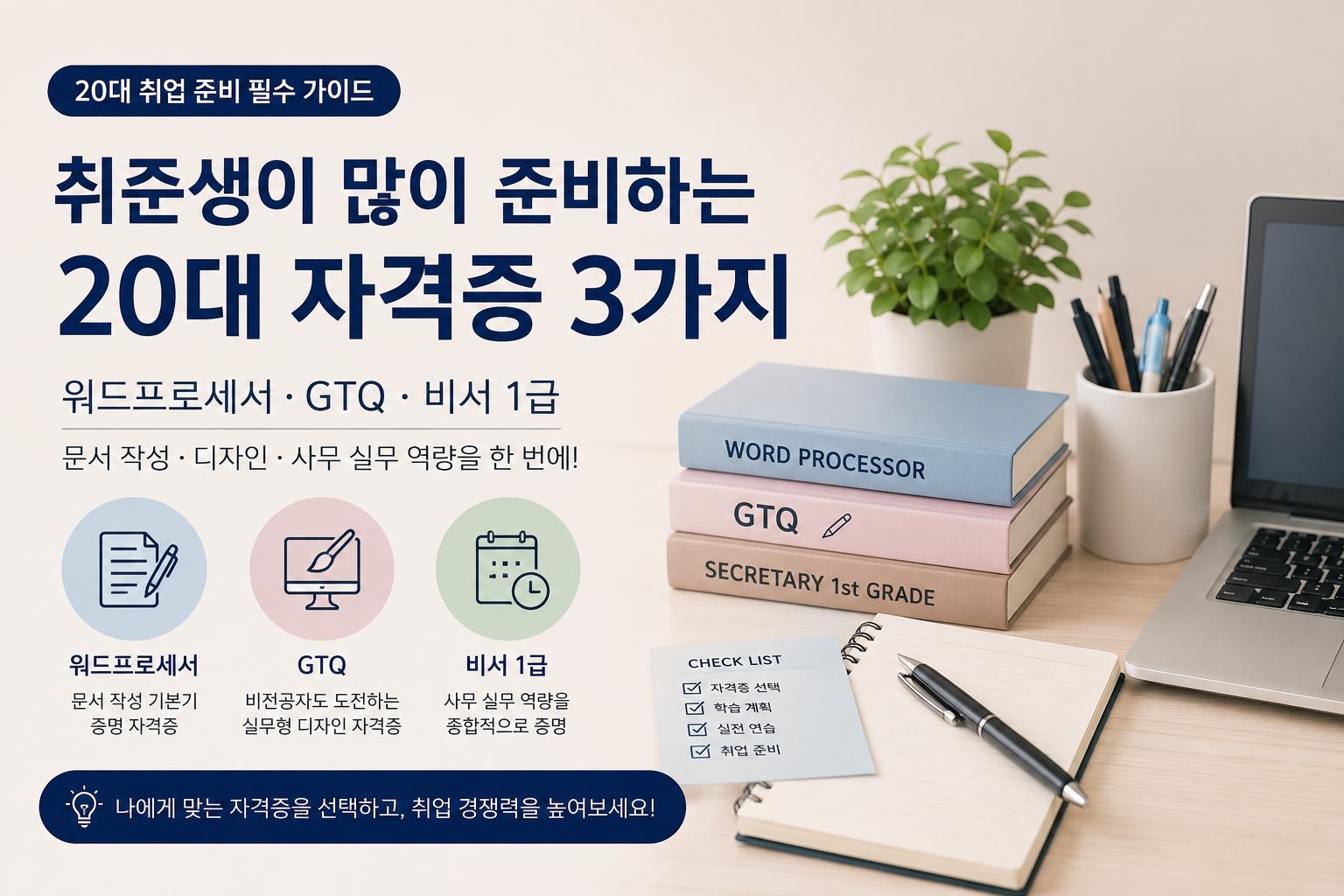 취준생이 많이 준비하는 20대 자격증 3가지|워드프로세서부터 GTQ·비서 1급까지 실무형 보완 가이드