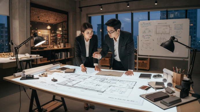 베트남 하노이 식당의 주방 인테리어 설계도를 함께 검토하는 한국인과 베트남인 건축가.