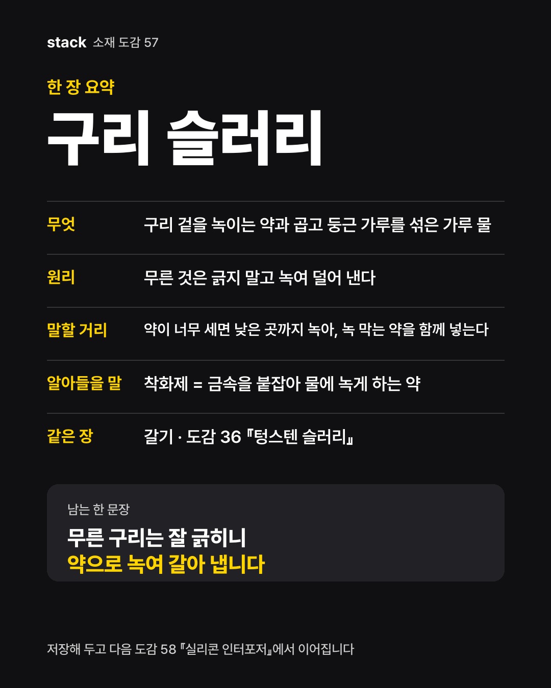 한 장 요약 구리 슬러리 — 무엇 — 구리 겉을 녹이는 약과 곱고 둥근 가루를 섞은 가루 물 · 원리 — 무른 것은 긁지 말고 녹여 덜어 낸다 · 말할 거리 — 약이 너무 세면 낮은 곳까지 녹아, 녹 막는 약을 함께 넣는다 · 알아들을 말 — 착화제 = 금속을 붙잡아 물에 녹게 하는 약 · 같은 장 — 갈기 · 도감 36 『텅스텐 슬러리』