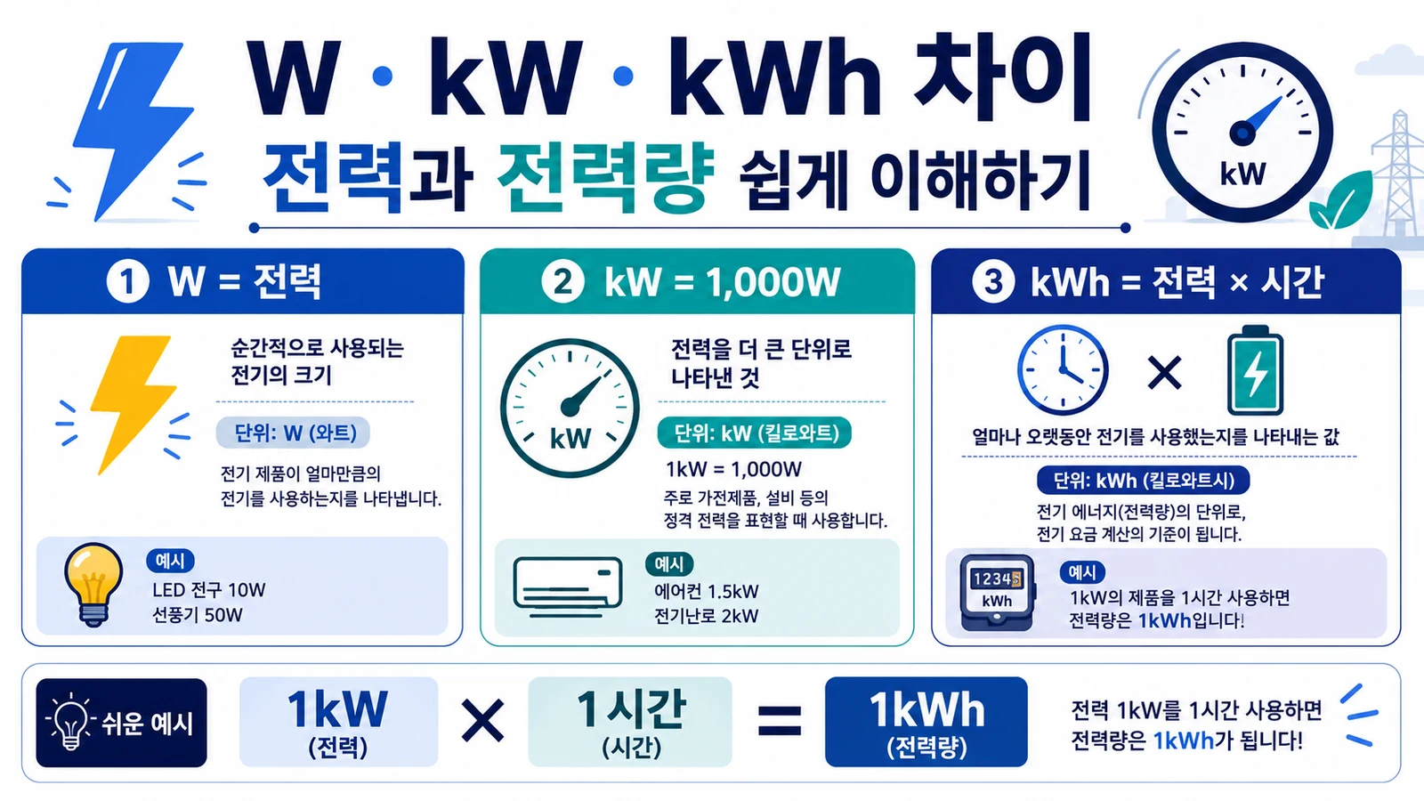 W kW kWh 차이와 전력 전력량의 개념을 설명하는 인포그래픽