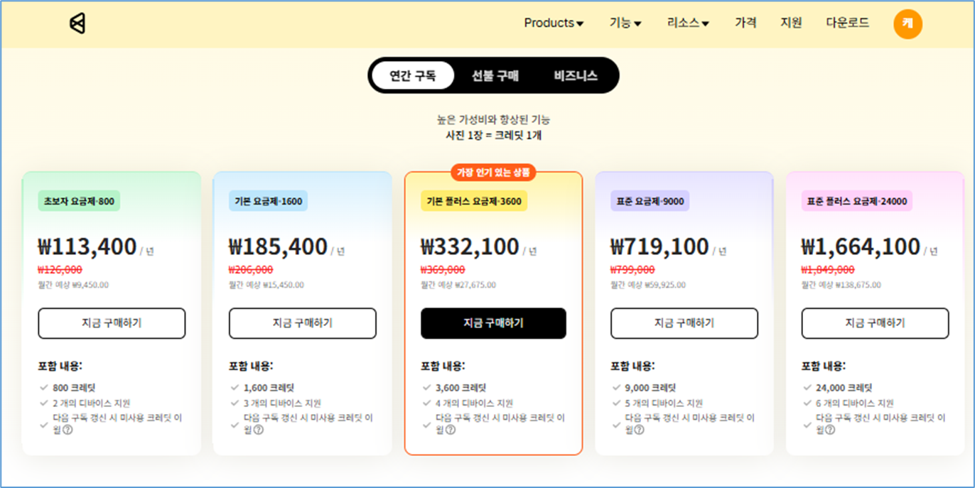 보정 결과를 내보낼 때만 크레딧을 구매해 결제