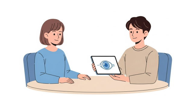 눈 통증으로 걱정하던 환자가 안과에서 안심하고 상담 받는 모습