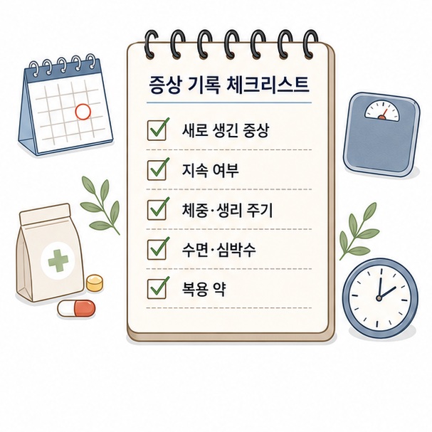 새로 생긴 증상과 지속 여부, 체중과 생리 주기, 복용 약을 체크리스트로 기록하는 이미지