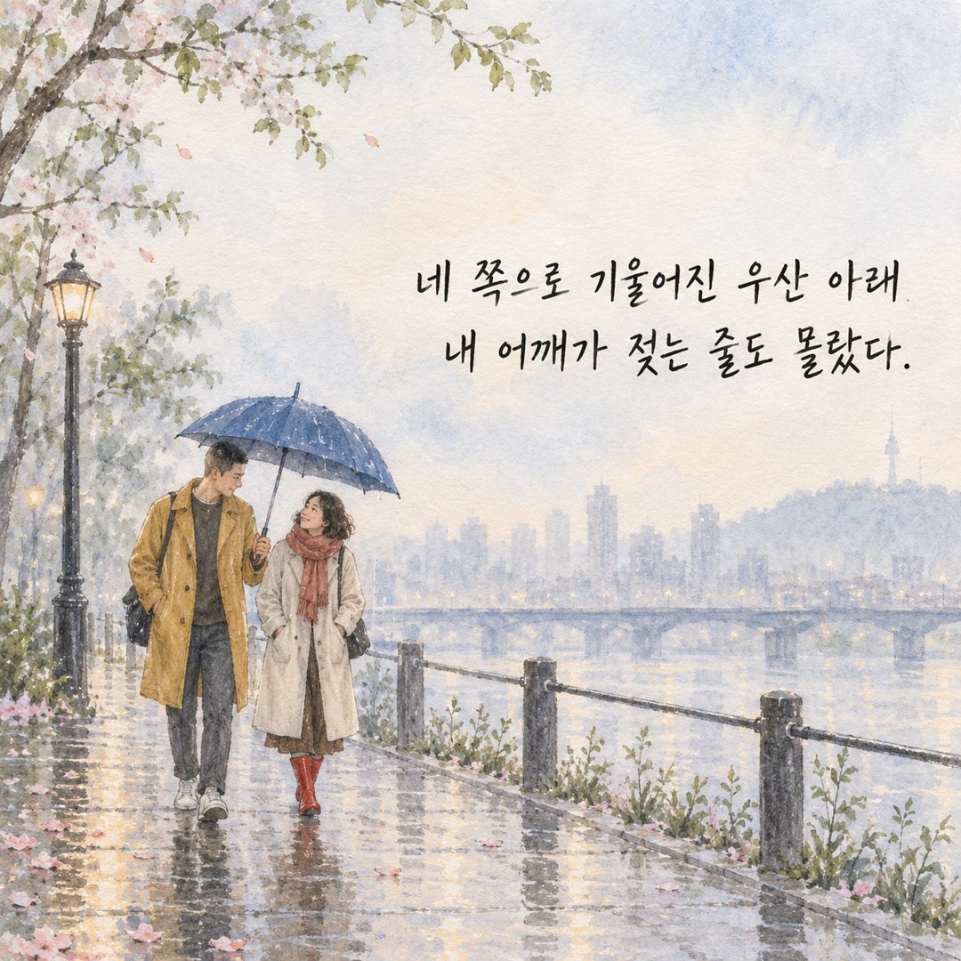 네 쪽으로 기울어진 우산 아래 내 어깨가 젖는 줄도 몰랐다.