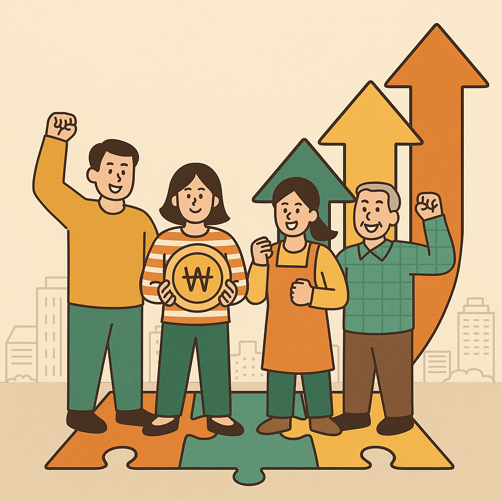 다양한 계층의 국민이 퍼즐 조각 위에서 협력하며 경제 회복을 상징하는 시각화 이미지