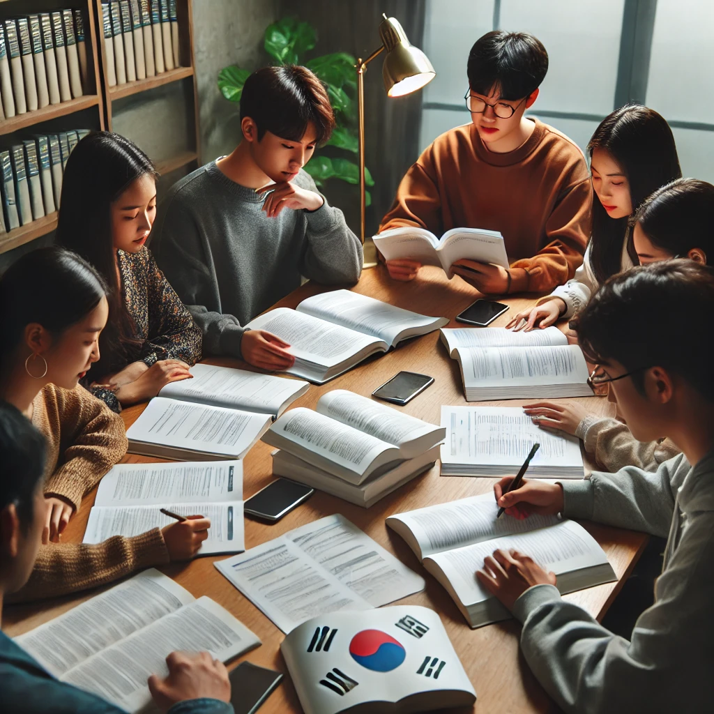 스터디룸에서 학생들이 한국사 능력 검정시험 기출문제를 분석하며 책과 노트를 활용해 함께 문제를 해결하는 모습