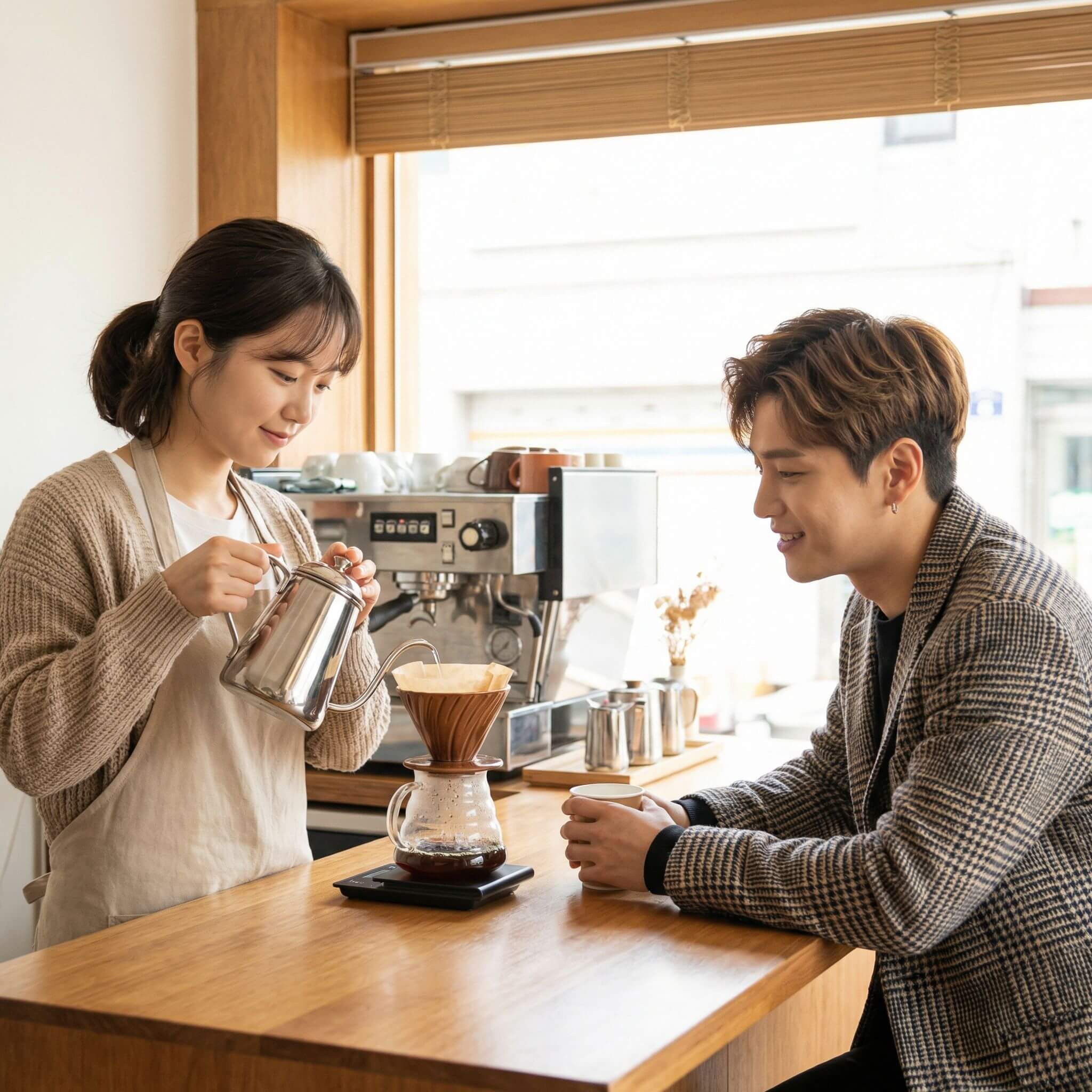 종이필터를 린싱하는 바리스타