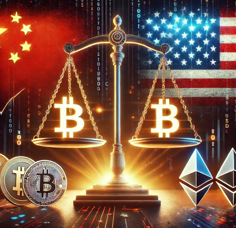 미국과 중국의 관세전쟁을 저울로 표현해 보았으며 그 영향이 화폐와 코인에도 있다.