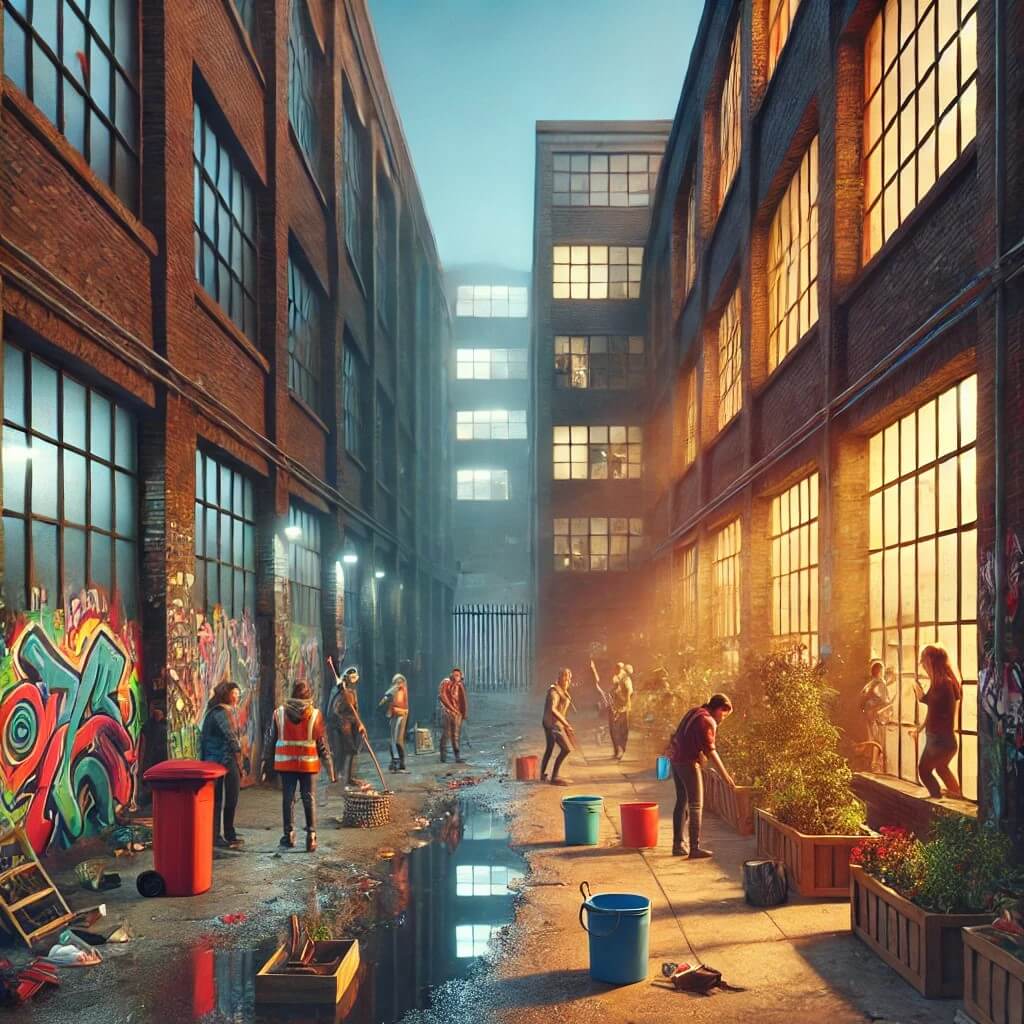 깨진 유리창 이론의 렌즈를 통해 도시 골목의 변화를 보여줍니다.