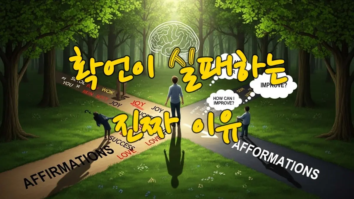 두 갈래 길 앞에 선 사람. 밝은 '확언' 길은 막혀있고, 어두웠던 '어포메이션' 길이 밝아지며 질문 생각으로 가득하다. 뇌과학적 진실에 기반한 자기계발의 새로운 방향을 상징하는 이미지.