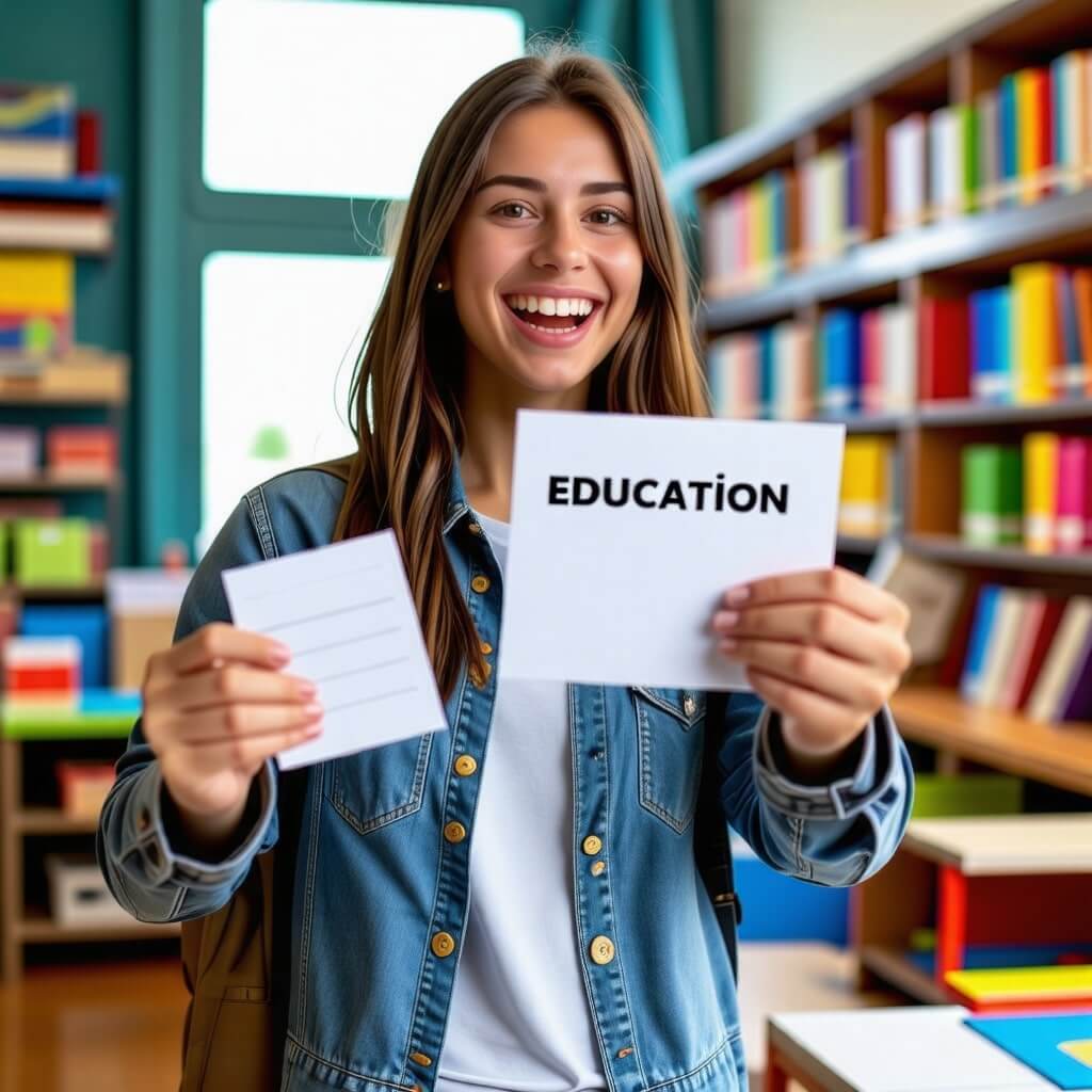 교육급여 바우처를 지급받는 학생의 모습. 손에 바우처를 들고 기뻐하는 표정.