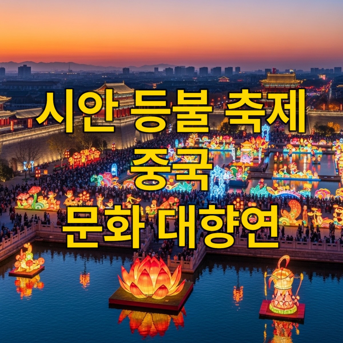 2026년 1월 13일 개막한 시안 장안 등불 축제의 화려한 야경. 고대 시안 성벽과 대당부용원이 수많은 전통 등불과 미디어 아트로 빛나는 모습.