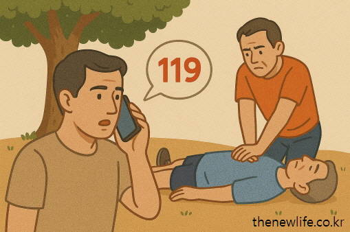 A man is calling 119 for help while another middle-aged man performs CPR on a collapsed person under a tree, indicating a heatstroke emergency. / 열사병 응급 상황에서 한 남성이 119에 신고 전화를 하고, 다른 중년 남성이 쓰러진 환자에게 심폐소생술을 실시하고 있는 장면/열사병과 일사병의 차이 설명 이미지