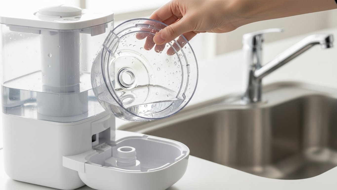 조지루시 EE-DVH35K-WM 가습기의 쉬운 청소 과정을 묘사한 이미지입니다. 손으로 물탱크를 쉽게 분리하여 세탁할 수 있으며, 넓은 개구부를 보여줍니다.