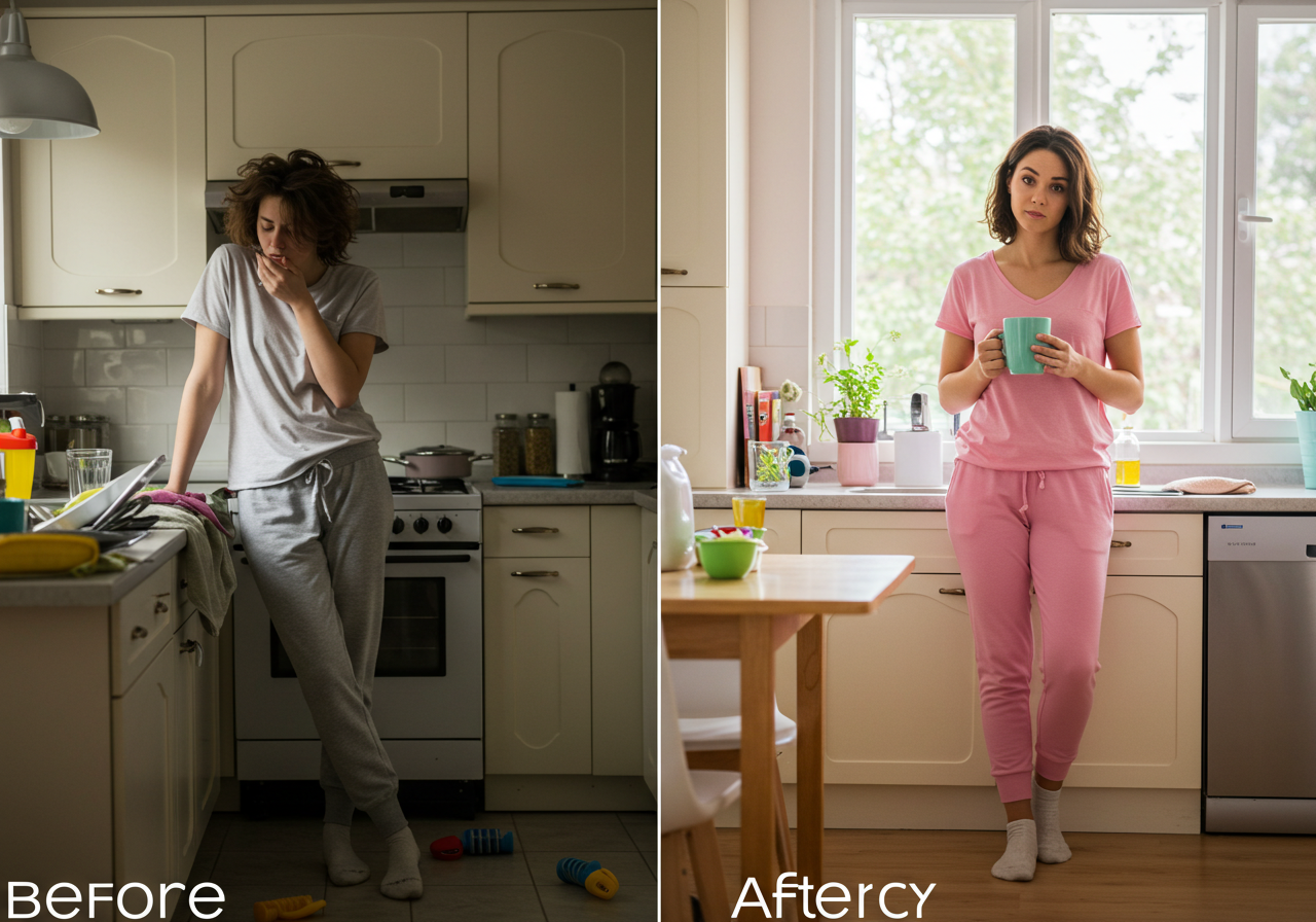 루틴 실천 전후로 달라진 엄마의 표정 변화