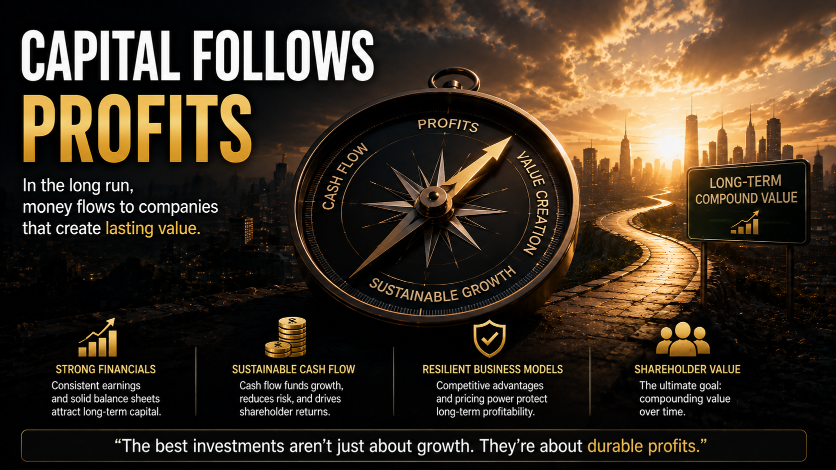 Compass pointing toward profits, symbolizing that long-term capital follows sustainable earnings, cash flow, and shareholder value creation.