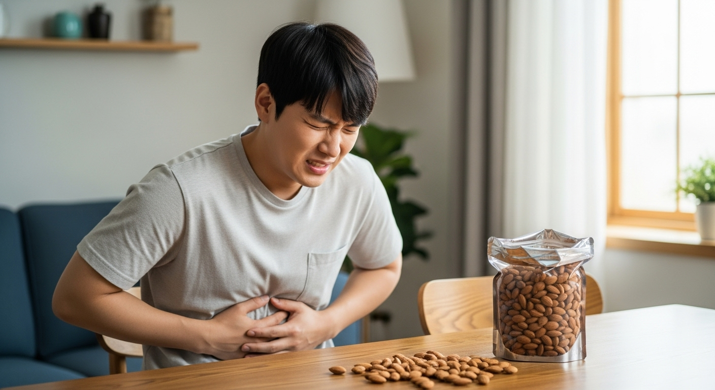아몬드를 과다 섭취해 배를 만지는 남성