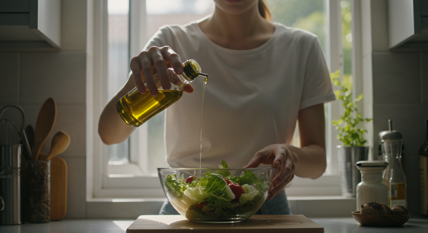 샐러드에 올리브오일을 넣고 있는 모습