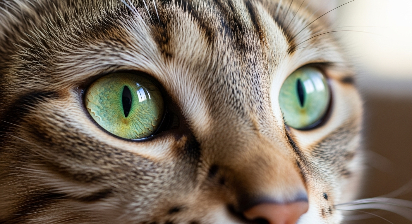 초롱초롱한 눈으로 무언가를 응시하는 고양이의 클로즈업. 털의 질감과 눈의 디테일이 살아있으며, 부드러운 배경은 고양이의 시선에 집중하게 한다.