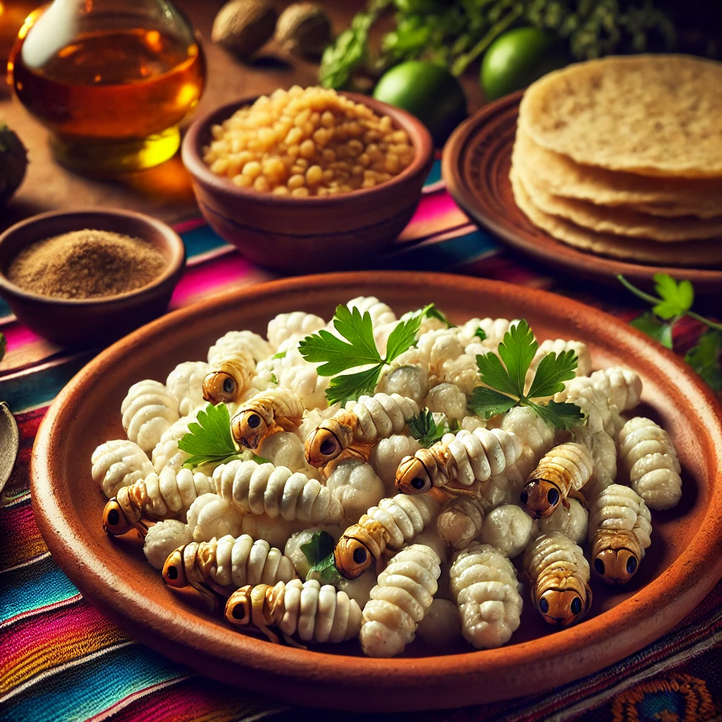 흰 개미 유충이 담긴 전통적인 멕시코 요리로, 신선한 허브로 장식되고 따뜻한 옥수수 토르티야와 함께 제공됩니다.