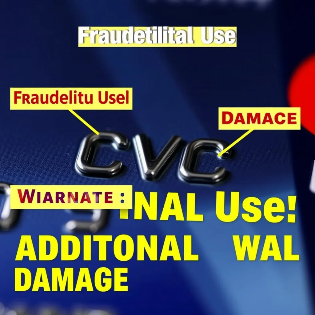 신용카드 뒷면의 CVC 번호가 클로즈업되어 부각되고, 그 주변으로 '부정 사용', '추가 피해'와 같은 경고 문구들이 배치된 이미지입니다. 이는 단순한 정보 유출을 넘어 실질적인 금전적 피해 가능성을 강조합니다.