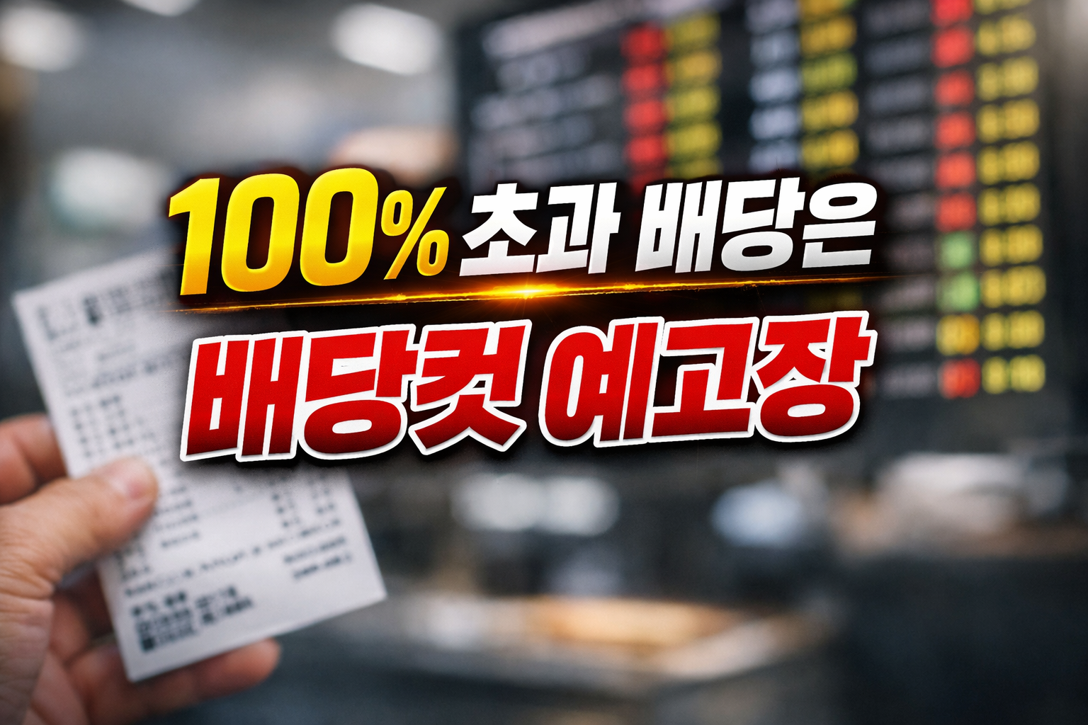 배당성향 100% 초과 배당의 위험성을 설명하는 이미지, 주식 시세판과 영수증을 들고 있는 손을 배경으로 과도한 배당 경고 메시지 표현