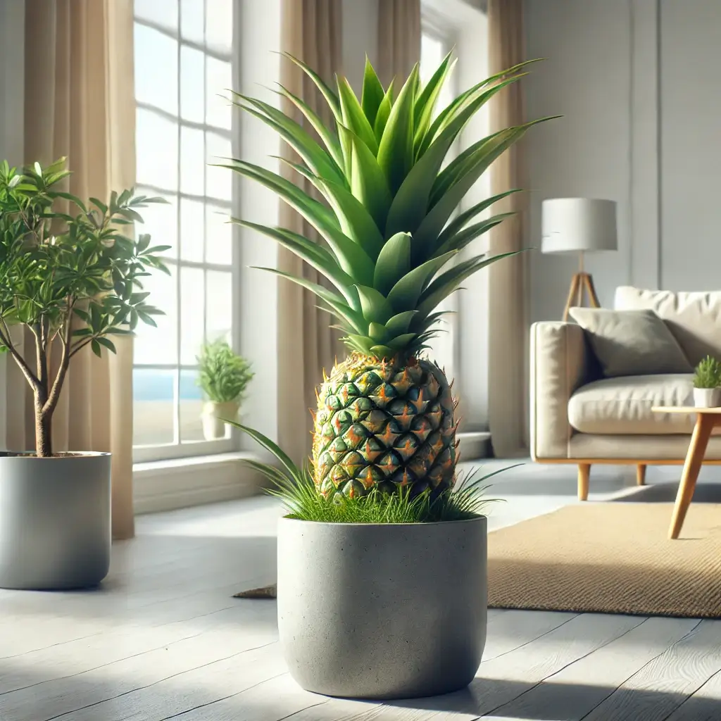 실내에서 햇빛을 받으며 자라는 파인애플 화분의 사진 스타일 이미지.