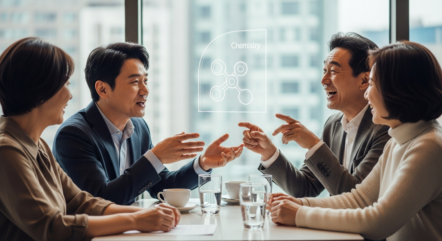 논리적인 T성향과 공감적인 F성향의 대화 방식 차이를 시각화한 이미지, 서로 웃으며 이해하는 가족의 모습