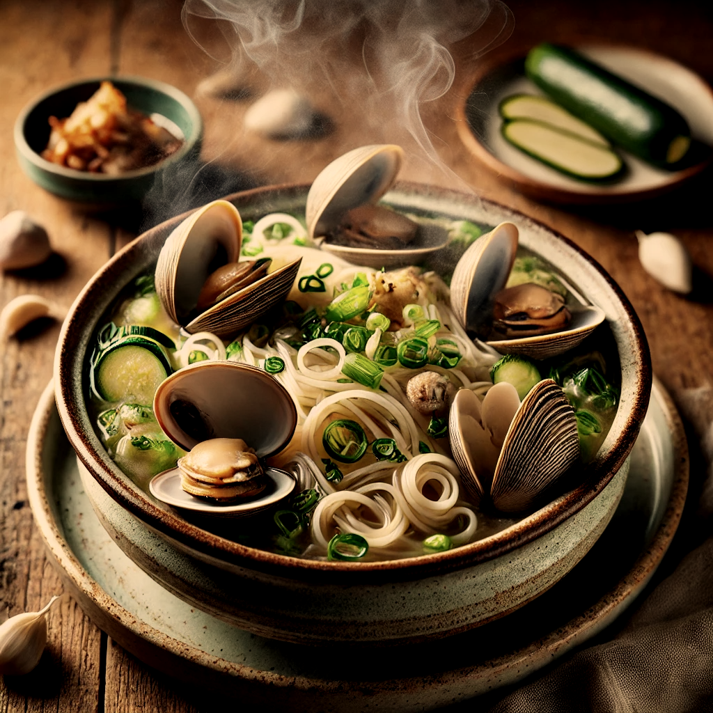 김이 피어오르는 바지락 칼국수 모습