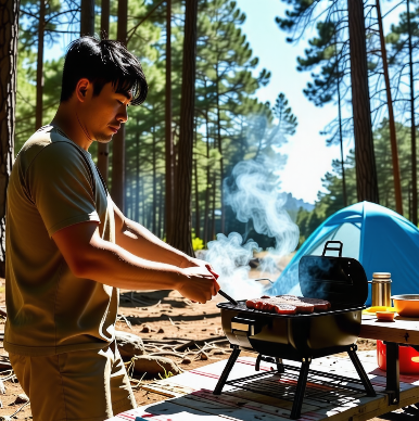 남자가 고기를 굽는 이미지