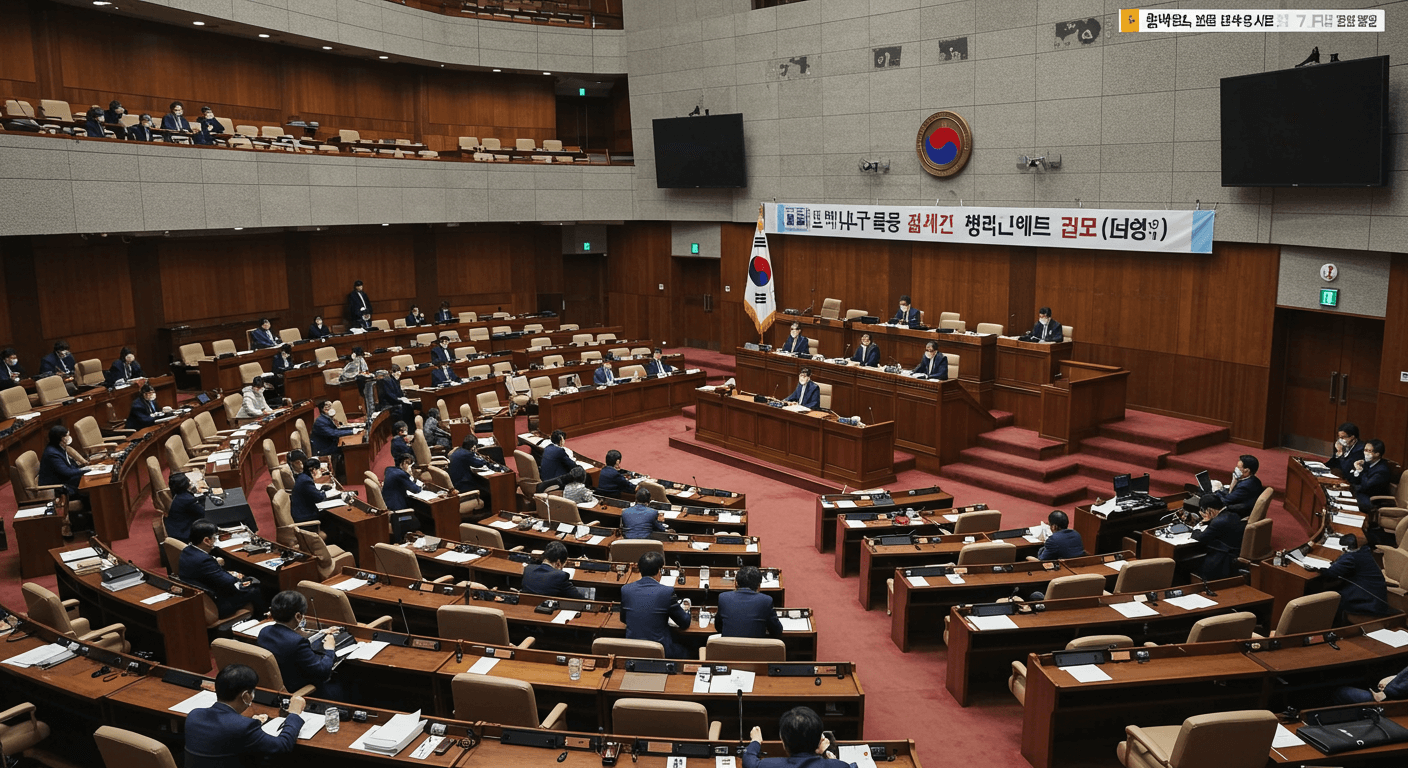 대한민국 국회 본회의장에서 한국인 국회의원들이 검찰청 폐지를 두고 토론과 표결을 진행하는 장면 1
