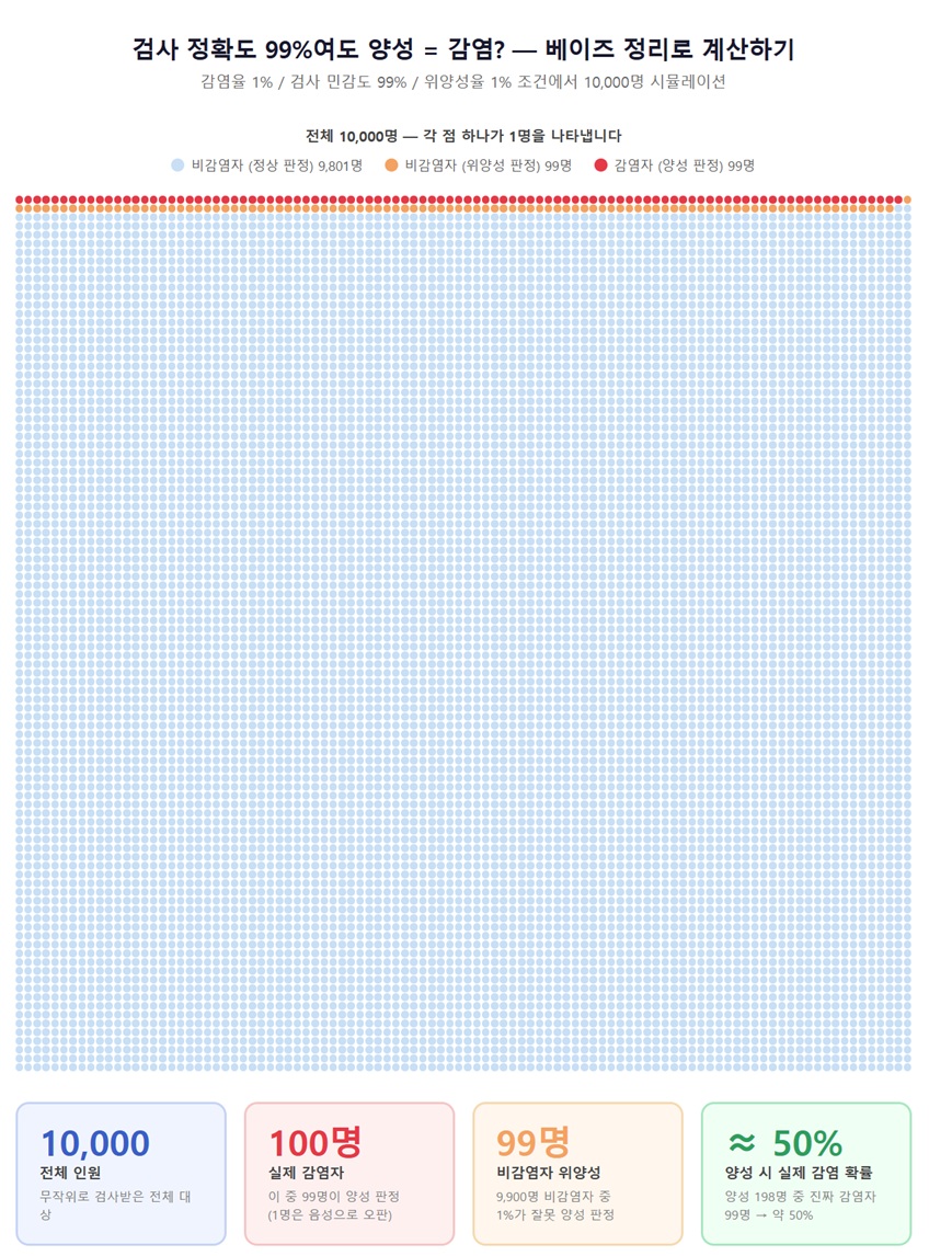 감염율 1퍼센트 검사정확도 99퍼센트 조건에서 양성 판정을 받아도 실제 감염 확률이 50퍼센트인 이유를 시각화한 다이어그램