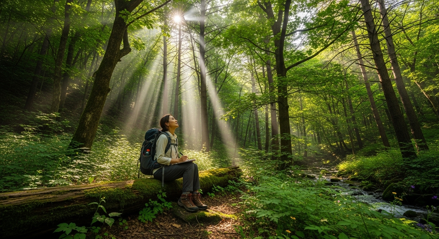 한여름, 강원도 태백의 시원한 숲속에서 한 여행객이 평화롭게 휴식을 취하는 모습