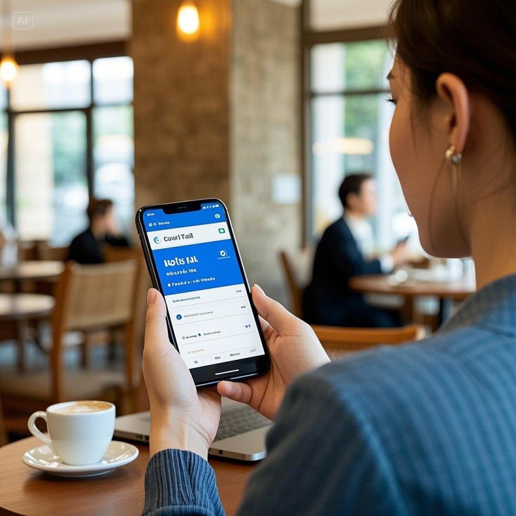 스마트폰으로 KTX 예매하는 모습을 담은 카페 내부 사진2