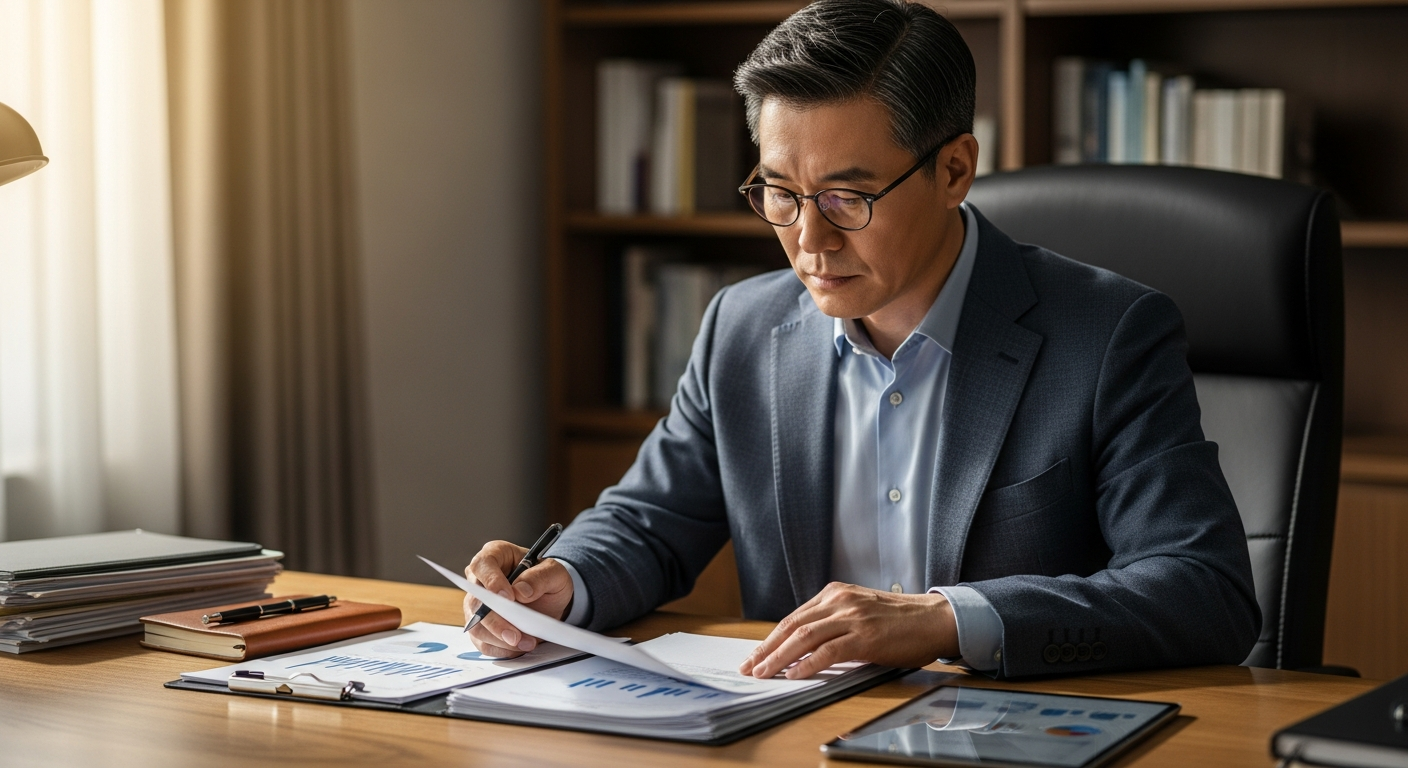 안경을 쓴 50대 한국인 남성이 책상에 앉아 연금저축펀드 관련 서류의 장단점과 유의사항을 꼼꼼하게 검토하는 모습.