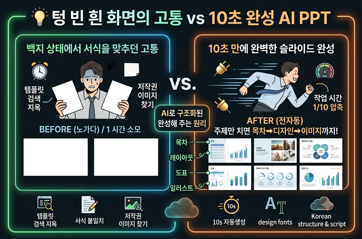 파워포인트 템플릿 노가다와 10초 만에 완성되는 AI PPT 자동 생성 비교 인포그래픽
