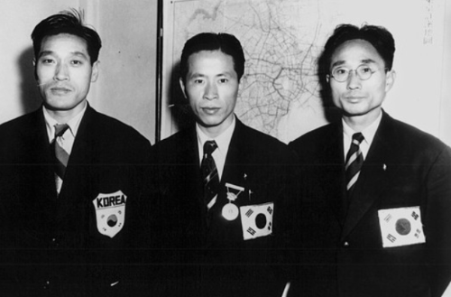 한국 마라톤의 세 영웅 손기정, 서윤복, 남승룡 (왼쪽부터)