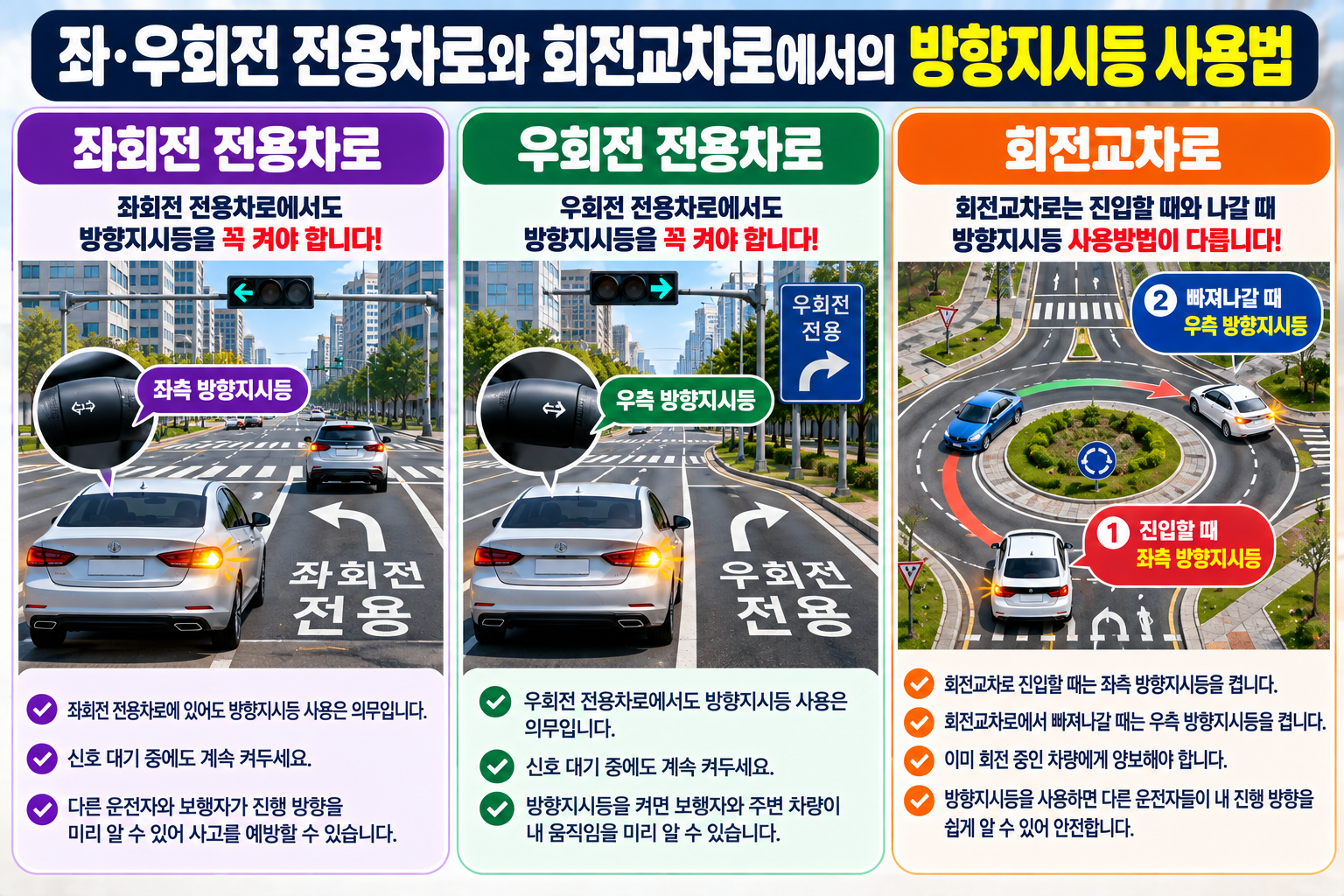 좌&middot;우회전 전용차로와 회전교차로에서의 방향지시등 사용법