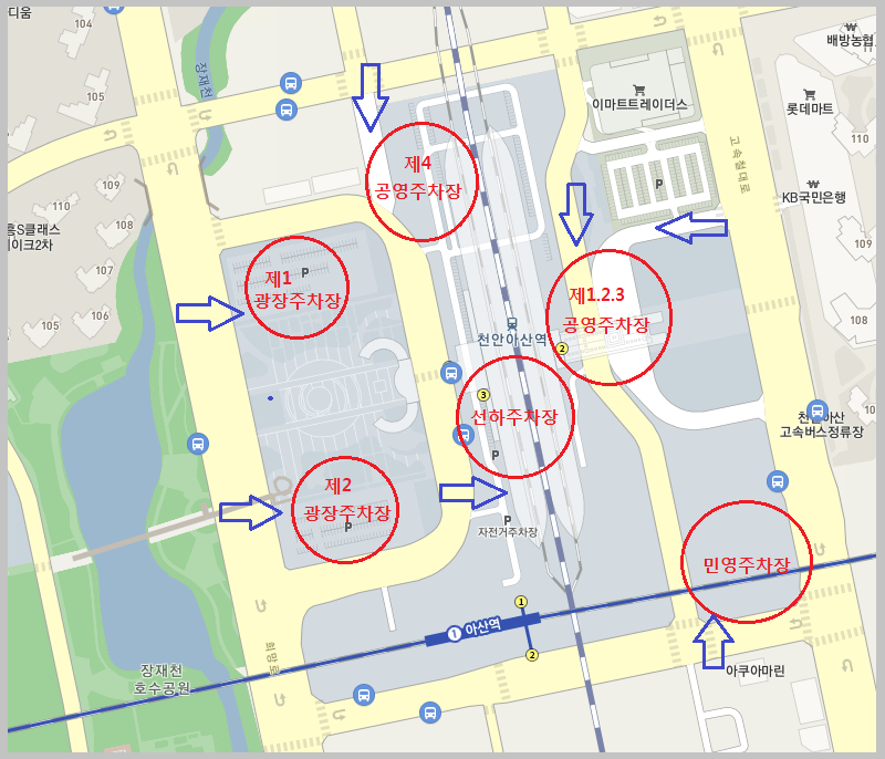 천안아산역 주변 주차장 위치 지도 &ndash; 제1광장주차장, 제2광장주차장, 공영주차장, 민영주차장 표시