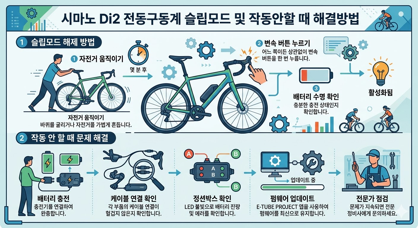 시마노 자전거 di2 전동구동계 슬립모드 및 작동안할 때 해결방법