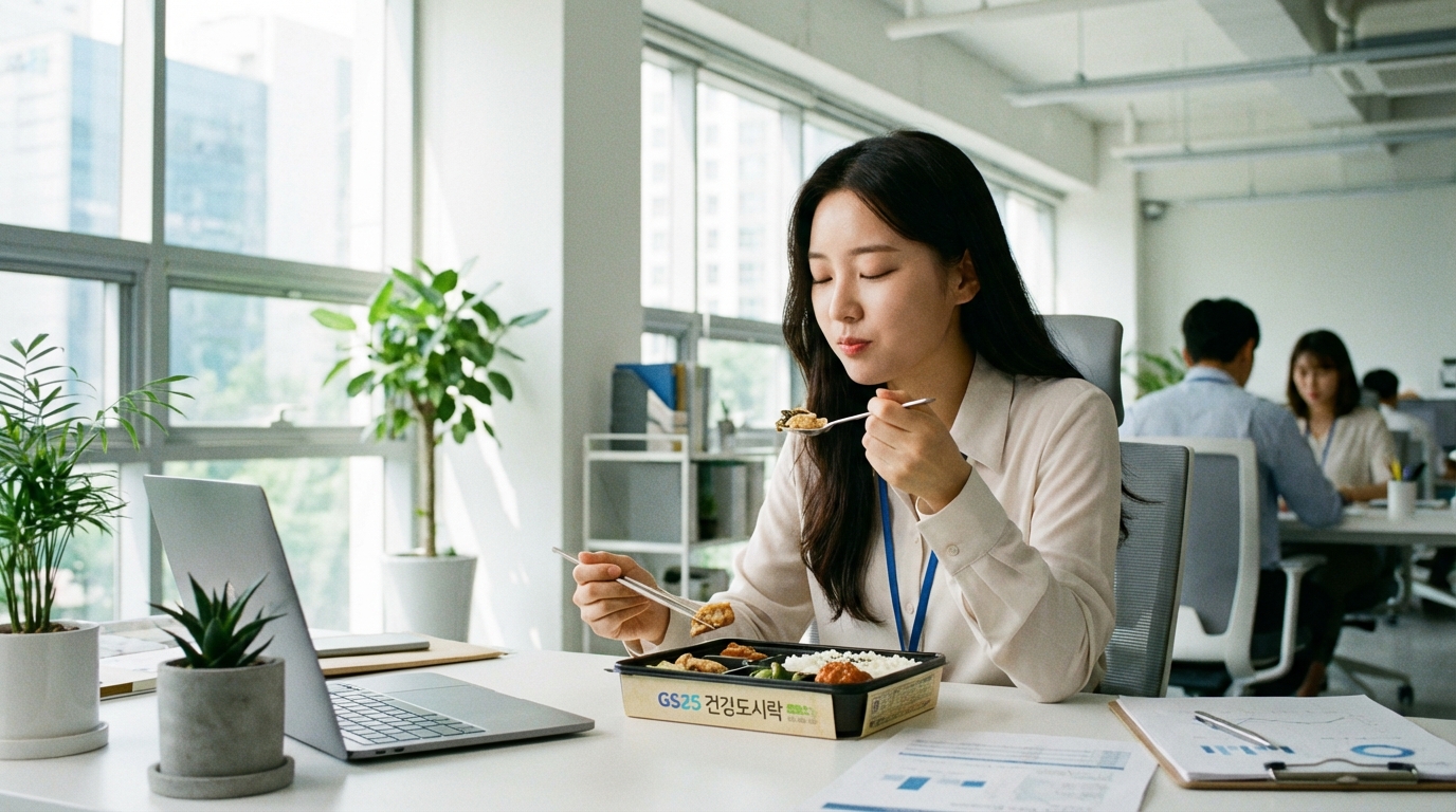 사무실 책상에서 편의점 건강 식단으로 천천히 식사하며 생활 습관을 유지하는 모습